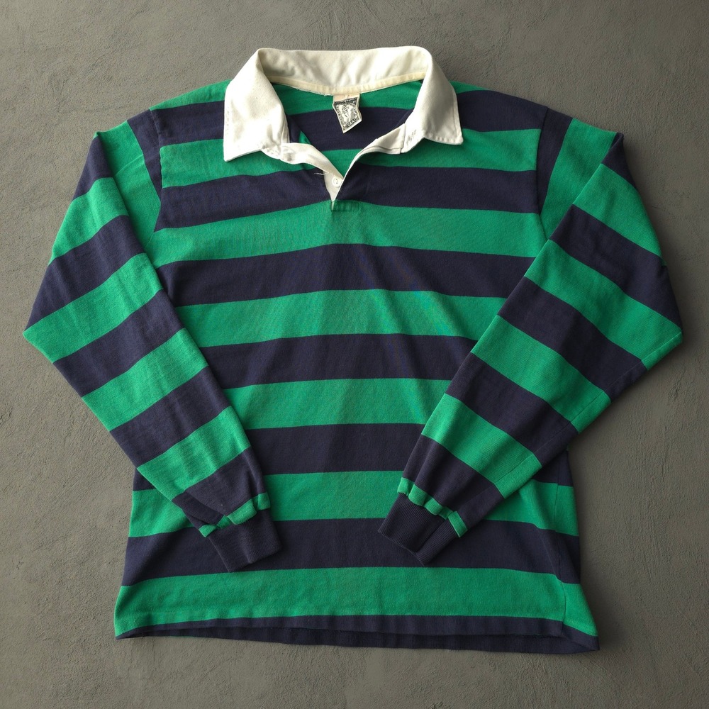 Vintage 80s Campus Green Navy Striped Rugby Shirt XL Made in USA